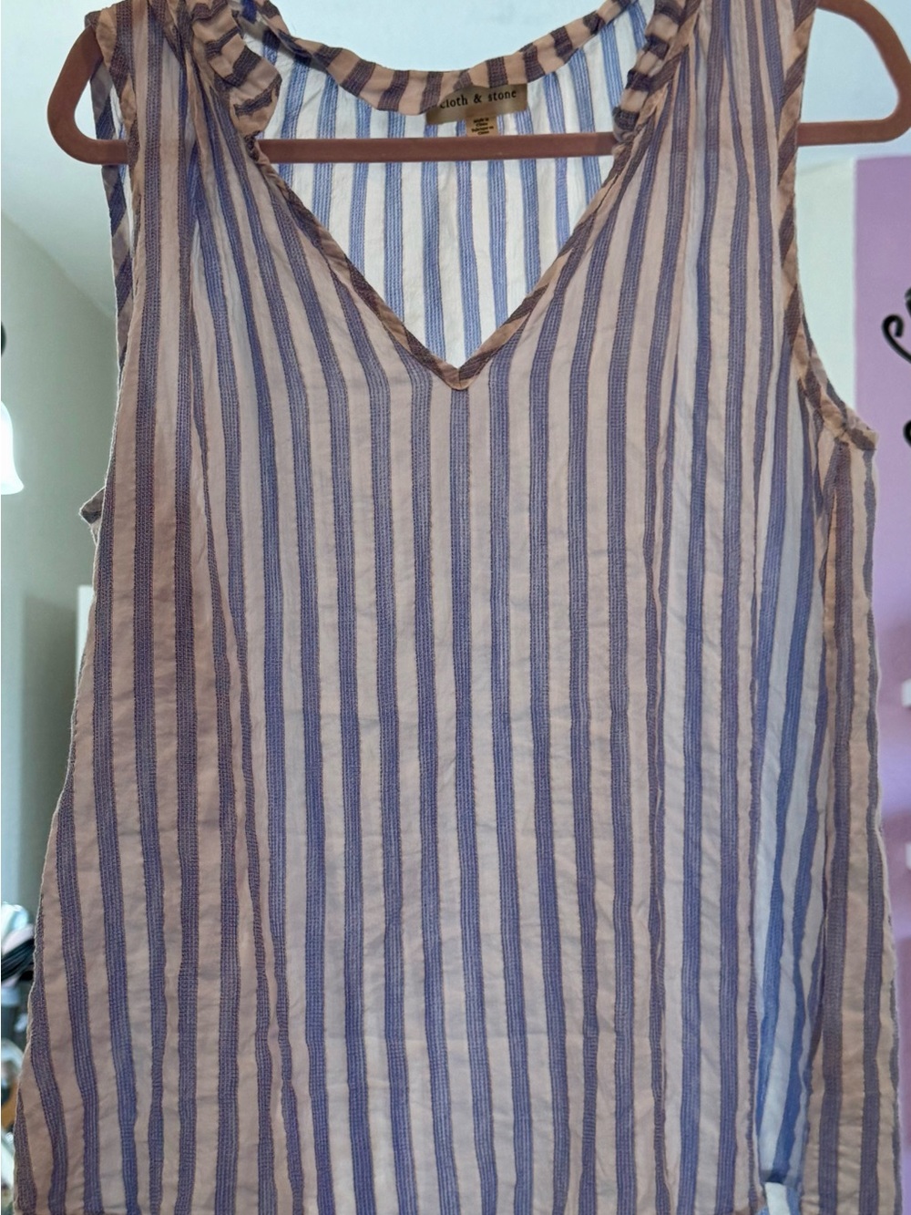 cloth & stone Blue and White Striped Sleeveless V-Neck Top XL